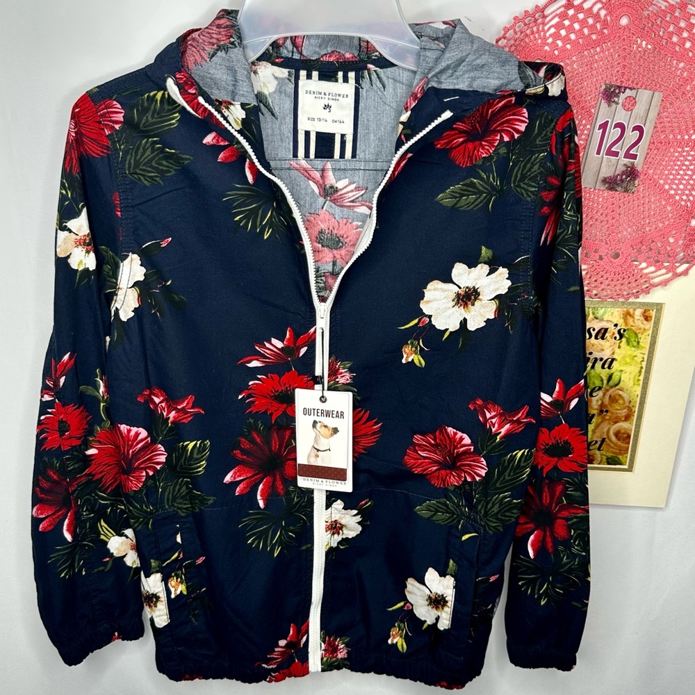 NWT Denim&Flower Ricky Singh Kids Navy Tropical Floral Hoodie Jacket Kids - Picture 2 of 15